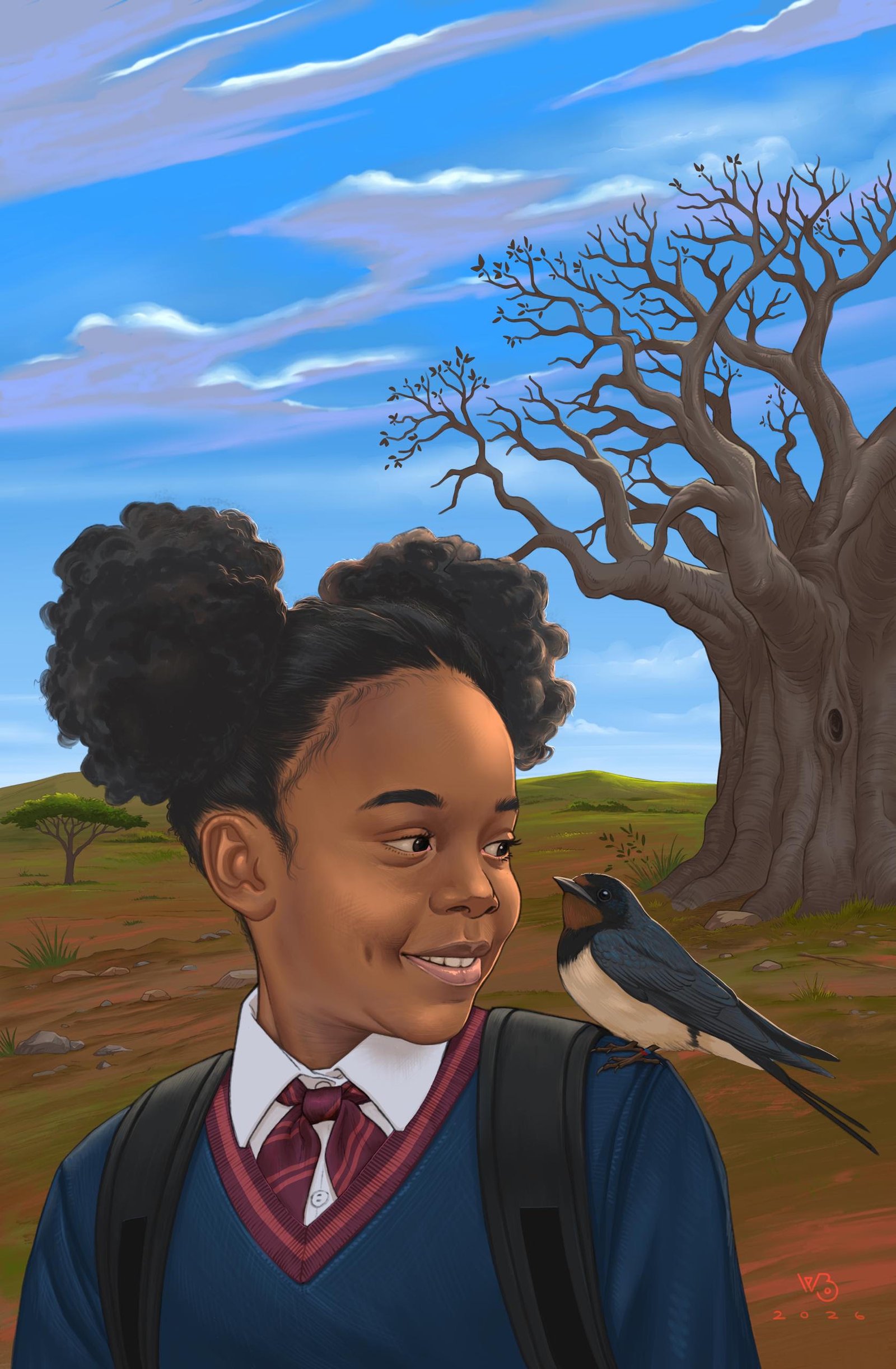 Cover of Fambo the Swallow: a girl in a maroon and navy school uniform smiles at a swallow on her shoulder, with a baobab tree and a blue sky behind her.